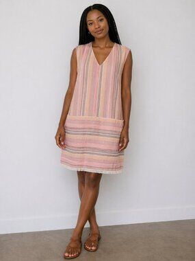 Drew Sz M Pink Striped V Neck Sleeveless Shift Dress Fringe Hem Coastal Boho